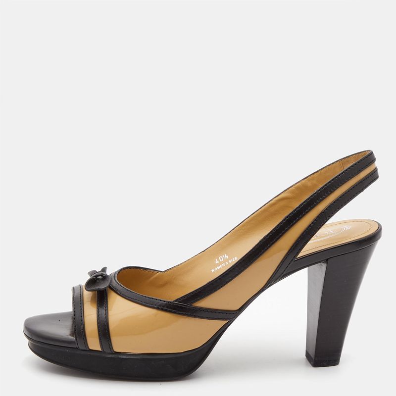 Tod's Beige/Black Patent Leather Bow Platform Slingback Open Toe Sandals Size